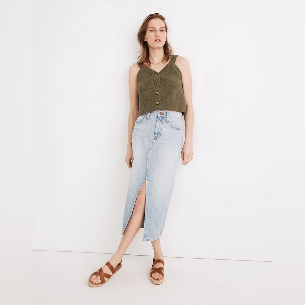 Madewell Rigid Denim A-Line Midi Skirt in Woodley Wash